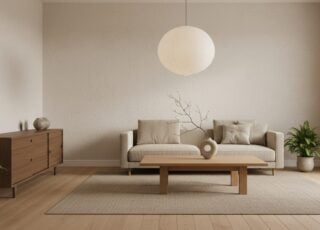 Japandi Woonkamer Met Lage Beige Zetel, Eiken Salontafel En Gerookt Eiken Dressoir