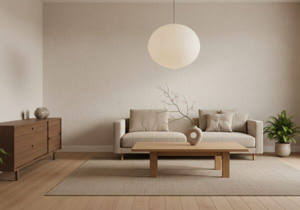 Japandi Woonkamer Met Lage Beige Zetel, Eiken Salontafel En Gerookt Eiken Dressoir
