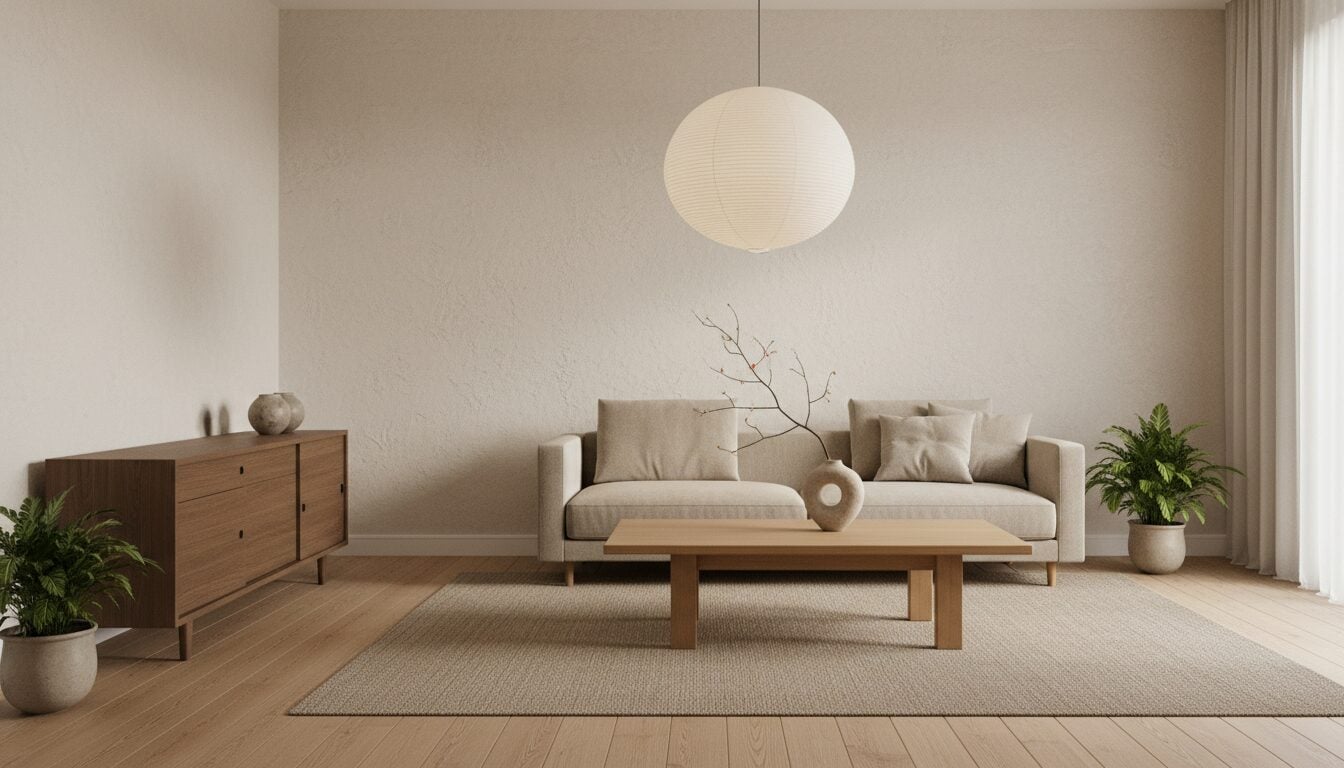 Japandi Woonkamer Met Lage Beige Zetel, Eiken Salontafel En Gerookt Eiken Dressoir Japandi Woonkamer Met Lage Beige Zetel, Eiken Salontafel En Gerookt Eiken Dressoir
