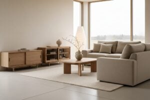 Japandi Woonkamer Met Lichte Eik En Een Dressoir In Gerookte Eik
