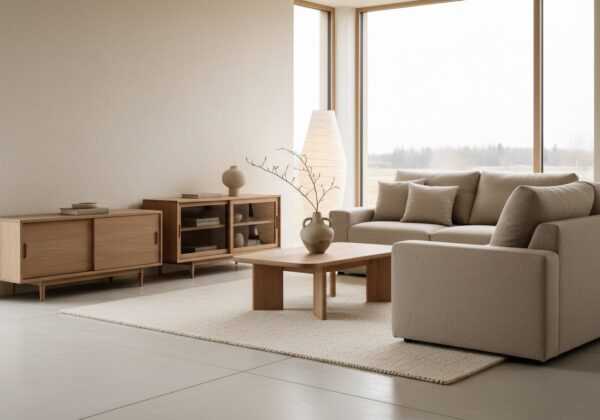 Japandi Woonkamer Met Lichte Eik En Een Dressoir In Gerookte Eik