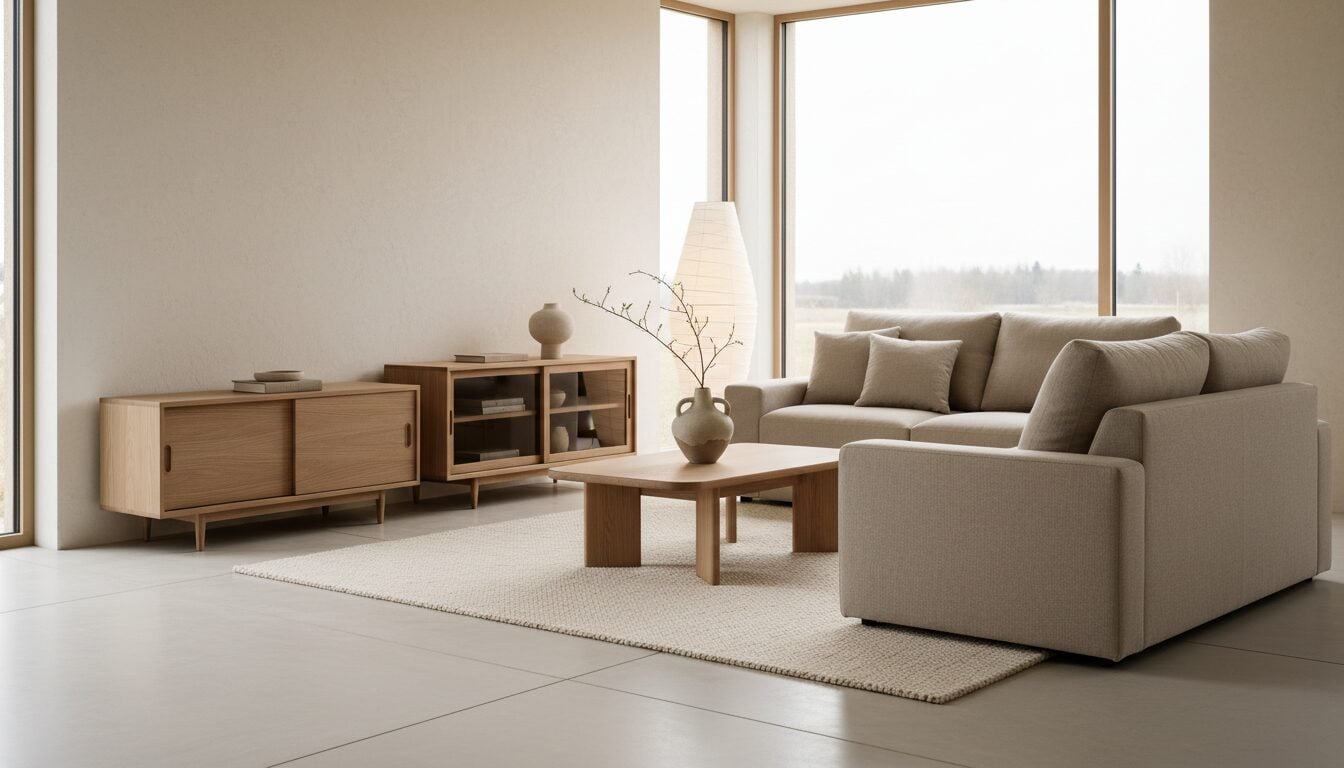 Japandi Woonkamer Met Lichte Eik En Een Dressoir In Gerookte Eik Japandi Woonkamer Met Lichte Eik En Een Dressoir In Gerookte Eik