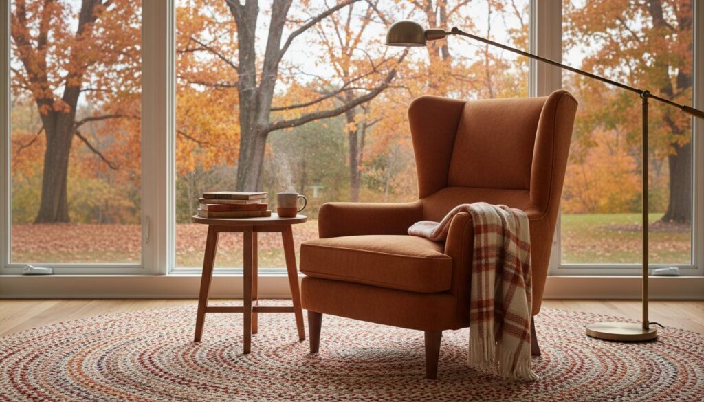 Leeshoek met fauteuil met hoge rug, vloerlamp en bijzettafel bij het raam
