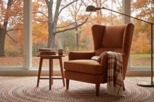 Leeshoek Met Fauteuil Met Hoge Rug, Vloerlamp En Bijzettafel Bij Het Raam