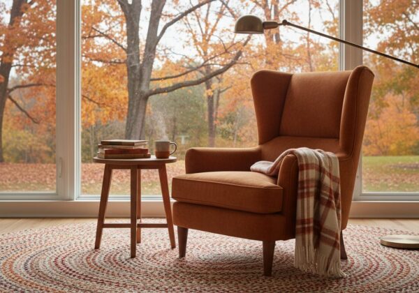 Leeshoek Met Fauteuil Met Hoge Rug, Vloerlamp En Bijzettafel Bij Het Raam