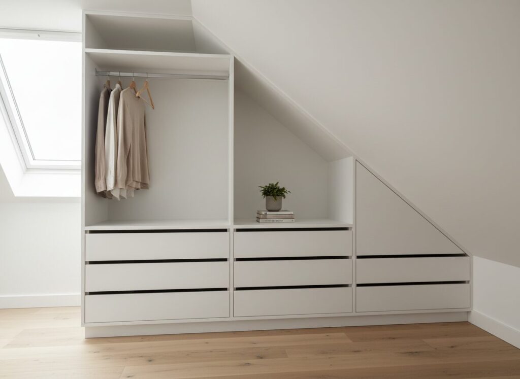 Maatkast Met Hangdeel En Lades Onder Een Lage Kniestok Maatkast Met Hangdeel En Lades Onder Een Lage Kniestok