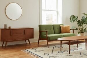 Woonkamer In Mid-Century Modern Stijl Met Laag Dressoir En Groene Zetel