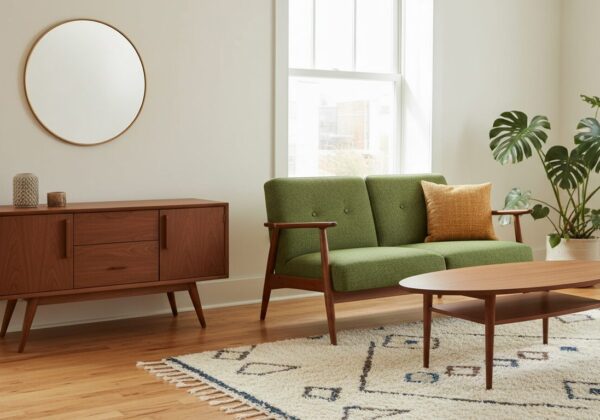 Woonkamer In Mid-Century Modern Stijl Met Laag Dressoir En Groene Zetel