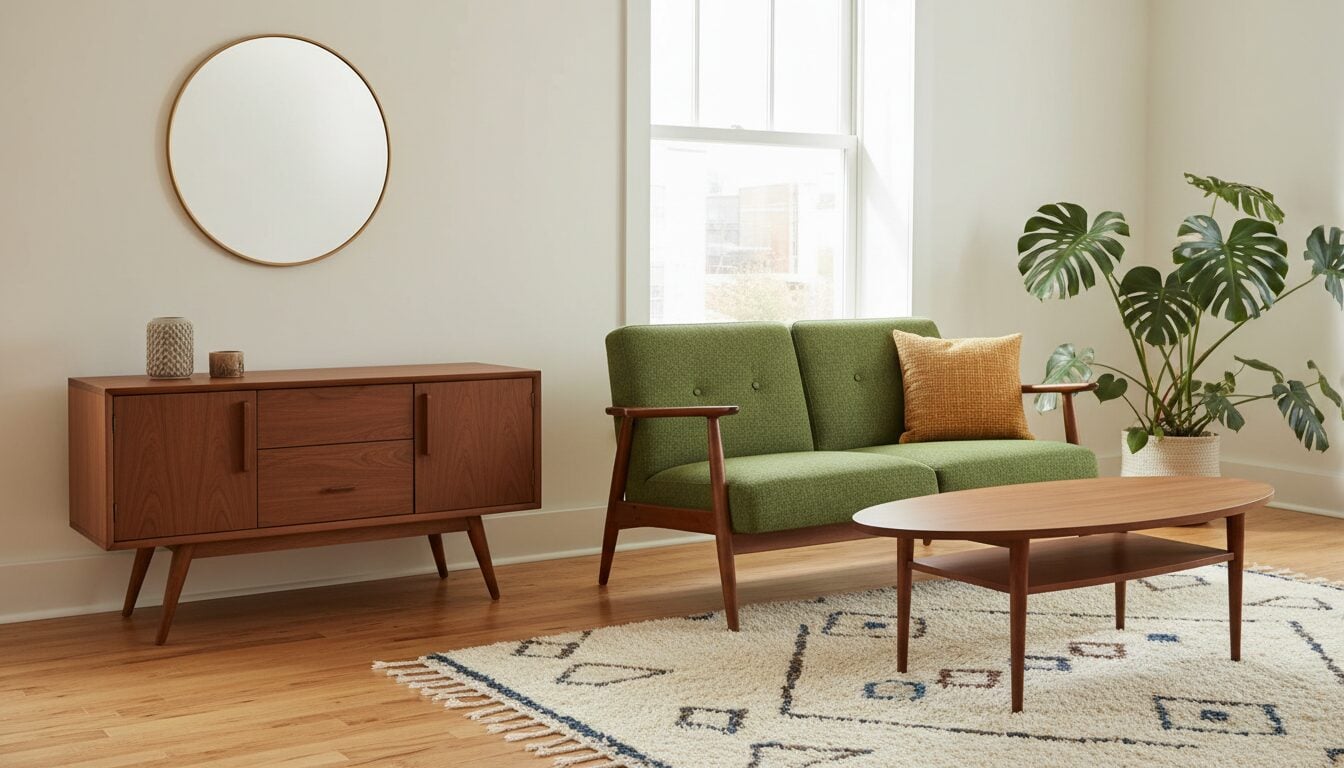 Woonkamer In Mid-Century Modern Stijl Met Laag Dressoir En Groene Zetel Woonkamer In Mid-Century Modern Stijl Met Laag Dressoir En Groene Zetel