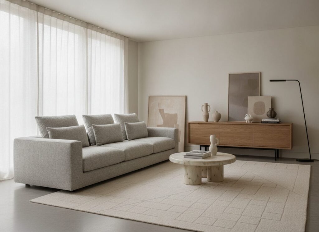Woonkamer Die Modern En Hedendaags Combineert Met Grijze Zetel En Ronde Salontafel Woonkamer Die Modern En Hedendaags Combineert Met Grijze Zetel En Ronde Salontafel