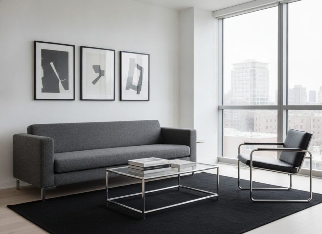 Modern Interieur Met Strakke Grijze Zetel, Glazen Salontafel En Stalen Stoel Modern Interieur Met Strakke Grijze Zetel, Glazen Salontafel En Stalen Stoel