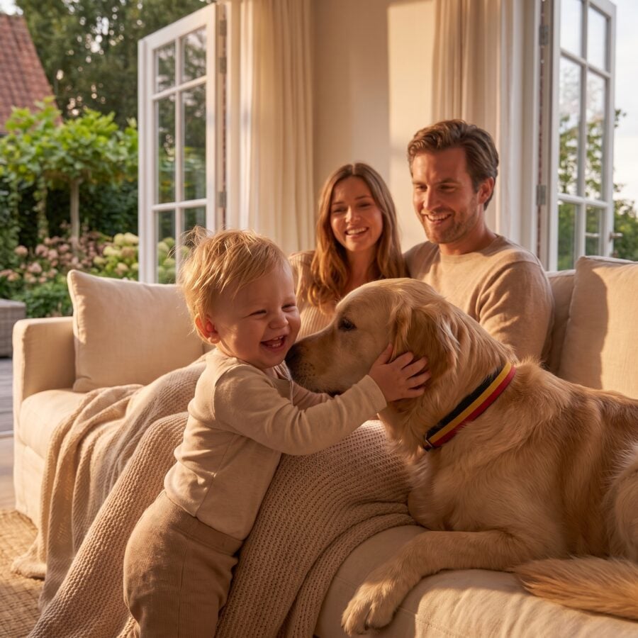 Peuter Knuffelt De Hond In De Zetel Terwijl De Ouders Toekijken Peuter Knuffelt De Hond In De Zetel Terwijl De Ouders Toekijken