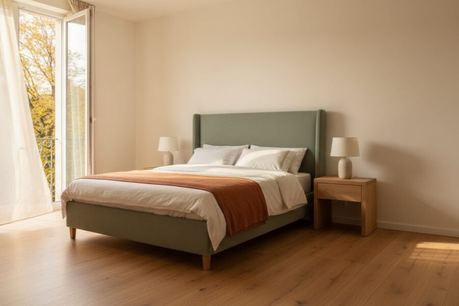 Slaapkamer Met Gestoffeerd Bed In Saliegroen En Terracotta Plaid In Warm Septemberlicht Slaapkamer Met Gestoffeerd Bed In Saliegroen En Terracotta Plaid In Warm Septemberlicht