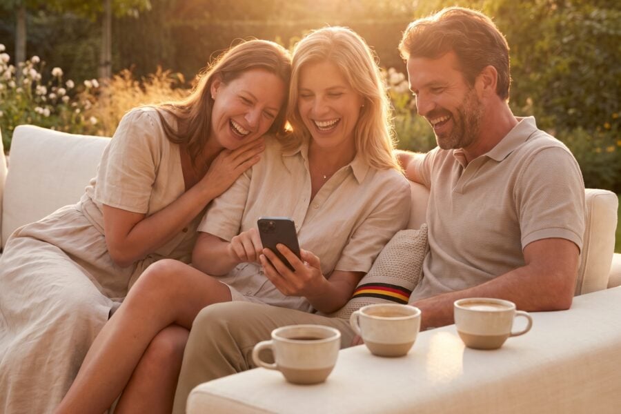 Drie Vrienden Lachen Samen In Een Crème Zetel In Het Nazomerlicht Drie Vrienden Lachen Samen In Een Crème Zetel In Het Nazomerlicht