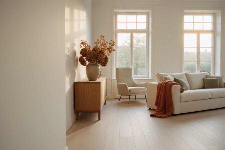 Woonkamer Met Eiken Dressoir, Zetel En Fauteuil In Laag Nazomerlicht Woonkamer Met Eiken Dressoir, Zetel En Fauteuil In Laag Nazomerlicht