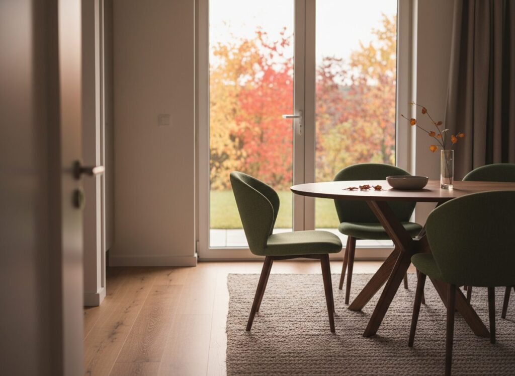 Ovale Eettafel Met V-Poot Naast Een Doorloop Naar Het Terras Ovale Eettafel Met V-Poot Naast Een Doorloop Naar Het Terras