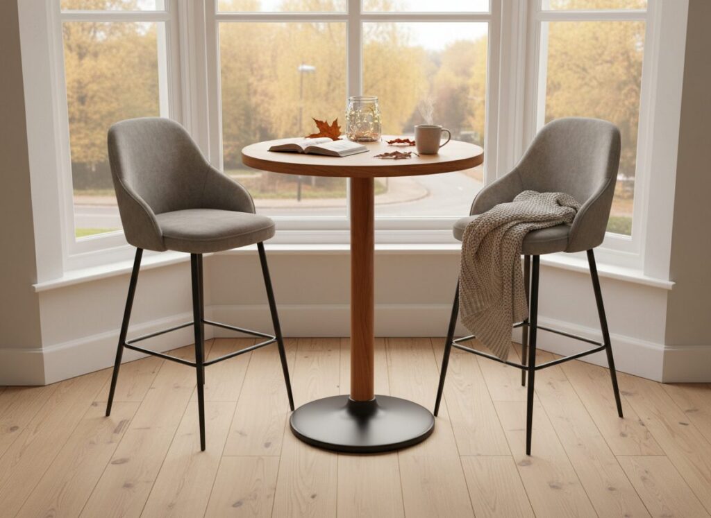 Ronde Eiken Bartafel Met Twee Grijze Barkrukken Bij Het Raam