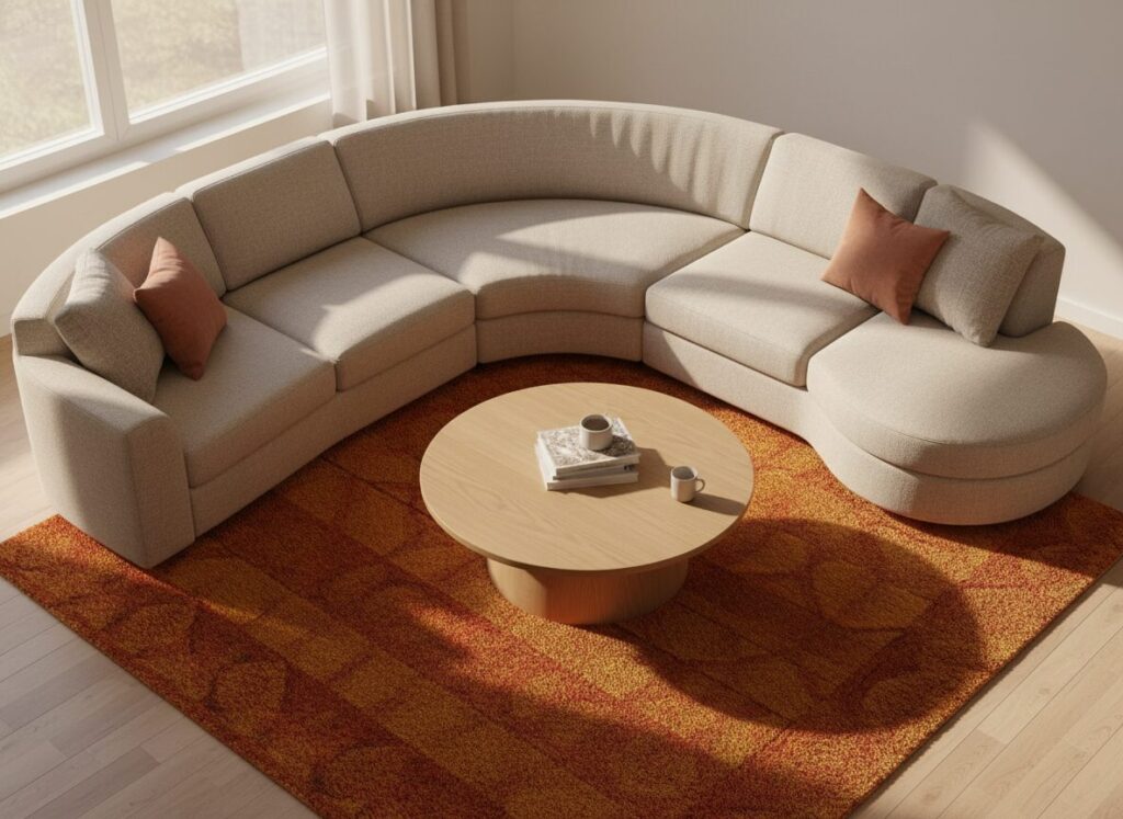 Ronde Salontafel Centraal In Een Beige Hoeksalon