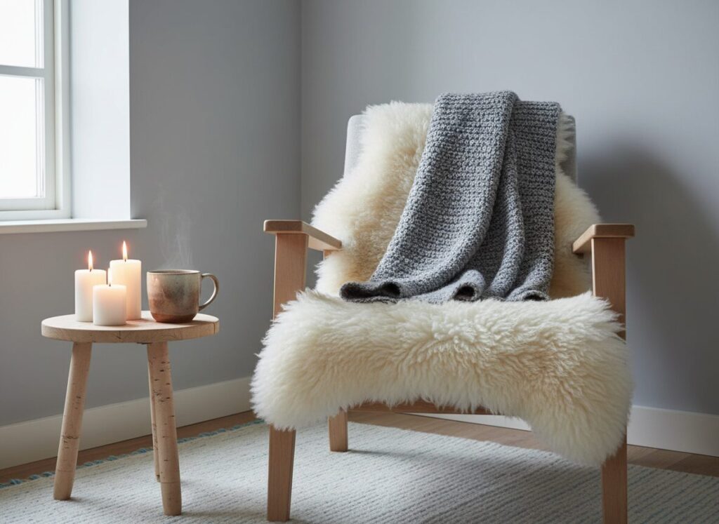 Hygge-Hoek Met Houten Fauteuil, Schapenvacht En Kaarsen Hygge-Hoek Met Houten Fauteuil, Schapenvacht En Kaarsen