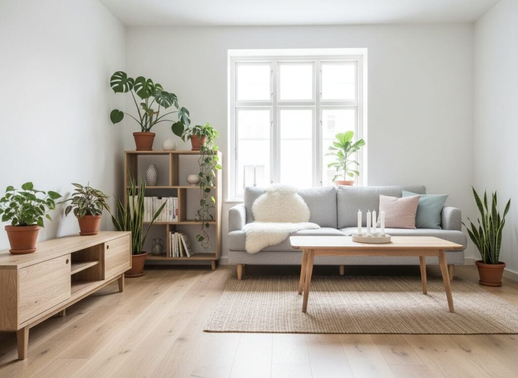 Scandinavisch Interieur Met Blond Hout, Lichtgrijze Zetel En Pastelkleurige Kussens Scandinavisch Interieur Met Blond Hout, Lichtgrijze Zetel En Pastelkleurige Kussens