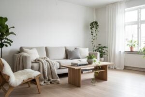 Scandinavische Woonkamer Met Beige Zetel, Eiken Salontafel En Schapenvacht