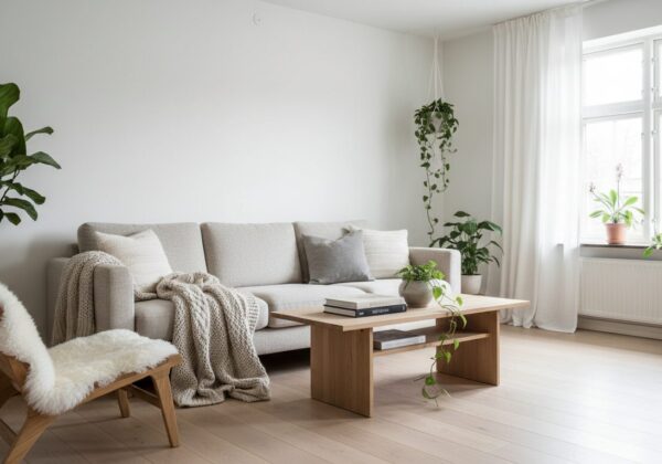 Scandinavische Woonkamer Met Beige Zetel, Eiken Salontafel En Schapenvacht