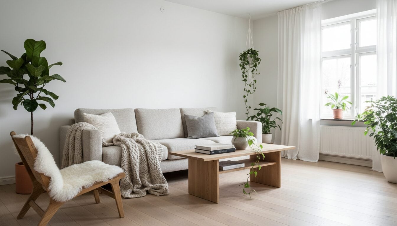 Scandinavische Woonkamer Met Beige Zetel, Eiken Salontafel En Schapenvacht Scandinavische Woonkamer Met Beige Zetel, Eiken Salontafel En Schapenvacht
