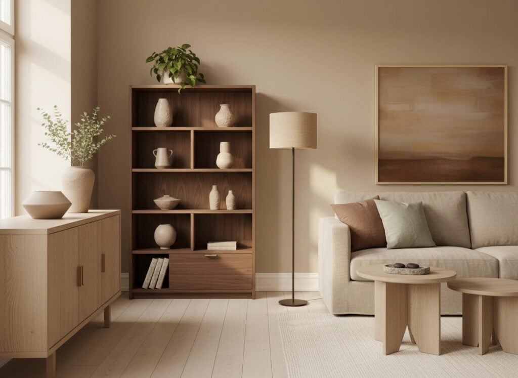 Woonkamer Met Lichte Eiken Kast, Walnoten Plank En Beige Zetel In Japandi-Stijl Woonkamer Met Lichte Eiken Kast, Walnoten Plank En Beige Zetel In Japandi-Stijl