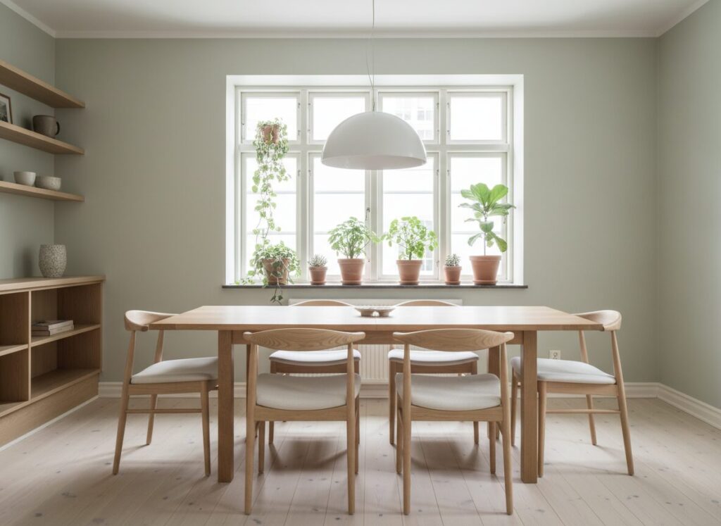 Scandinavische Eetkamer Met Lichte Eiken Tafel En Saliegroene Muur Scandinavische Eetkamer Met Lichte Eiken Tafel En Saliegroene Muur