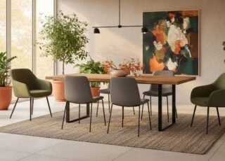 Eettafel Met Grijze Stoelen En Groene Armstoelen Aan De Kop