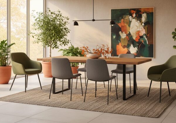 Eettafel Met Grijze Stoelen En Groene Armstoelen Aan De Kop