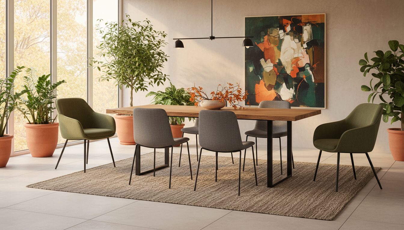 Eettafel Met Grijze Stoelen En Groene Armstoelen Aan De Kop Eettafel Met Grijze Stoelen En Groene Armstoelen Aan De Kop