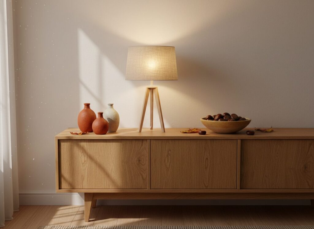 Tafellamp Met Linnen Kap Op Een Eiken Dressoir Tafellamp Met Linnen Kap Op Een Eiken Dressoir