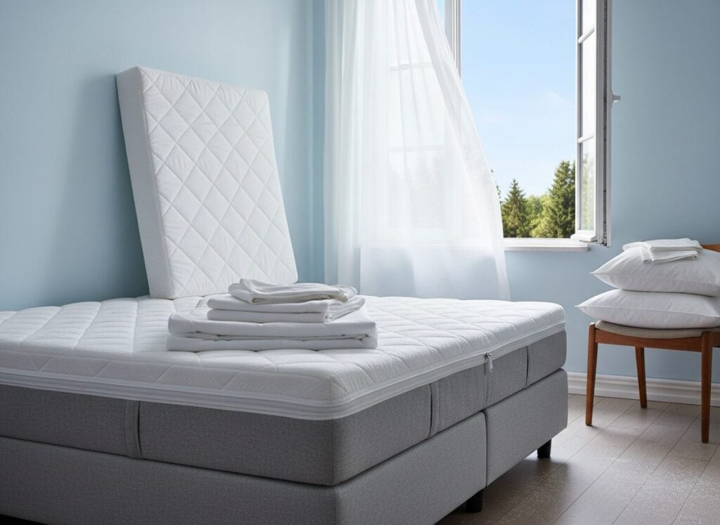 Topper Die Lucht Bij Een Open Raam Naast Een Boxspring Met Matrasbeschermer Topper Die Lucht Bij Een Open Raam Naast Een Boxspring Met Matrasbeschermer