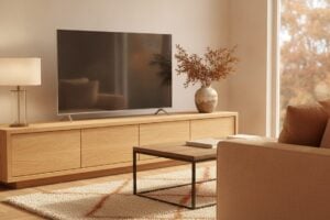 Breed Eiken Tv-Meubel Dat Aan Beide Kanten Breder Is Dan De Tv