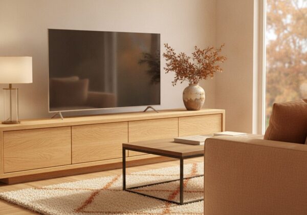 Breed Eiken Tv-Meubel Dat Aan Beide Kanten Breder Is Dan De Tv
