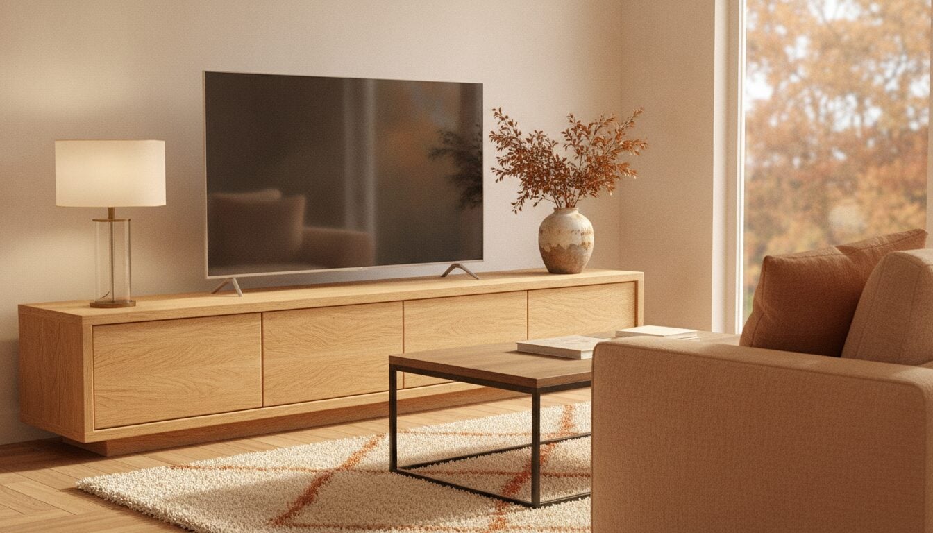Breed Eiken Tv-Meubel Dat Aan Beide Kanten Breder Is Dan De Tv Breed Eiken Tv-Meubel Dat Aan Beide Kanten Breder Is Dan De Tv