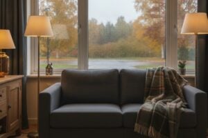 Woonkamer In De Herfst Met Meerdere Warme Lichtpunten Op Verschillende Hoogtes