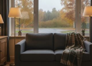Woonkamer In De Herfst Met Meerdere Warme Lichtpunten Op Verschillende Hoogtes
