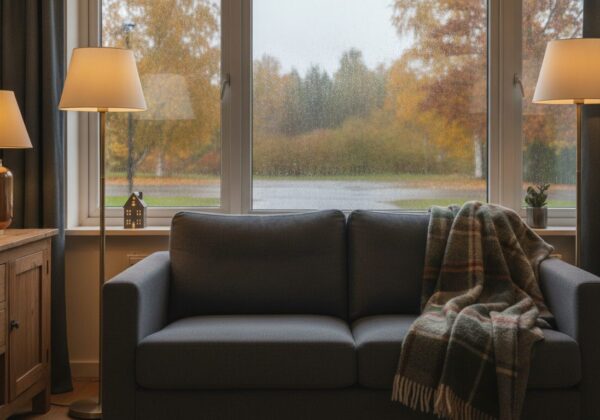 Woonkamer In De Herfst Met Meerdere Warme Lichtpunten Op Verschillende Hoogtes