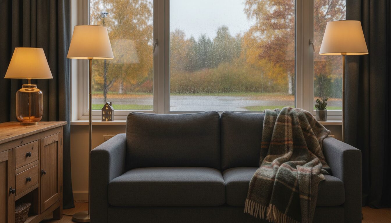 Woonkamer In De Herfst Met Meerdere Warme Lichtpunten Op Verschillende Hoogtes Woonkamer In De Herfst Met Meerdere Warme Lichtpunten Op Verschillende Hoogtes