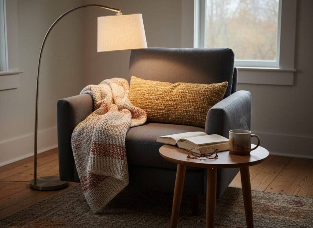 Vloerlamp En Bijzettafel Op Armleuninghoogte Naast Een Fauteuil