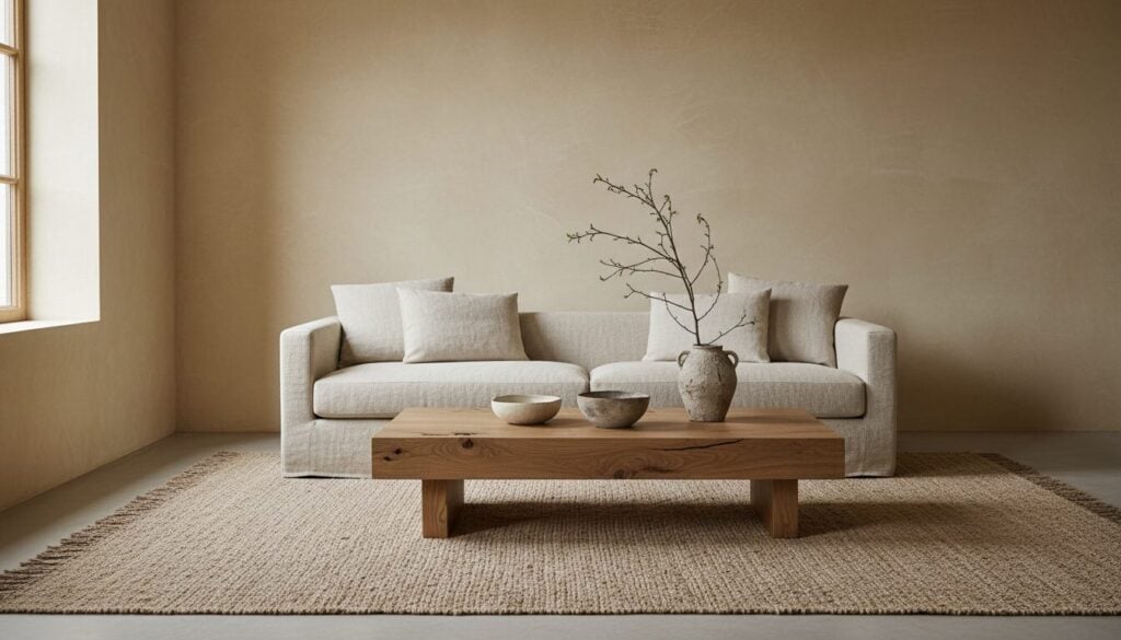 Wabi-sabi woonkamer met kalkmuren, linnen zetel en eiken salontafel