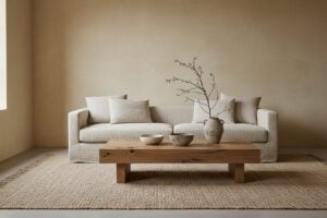 Wabi-Sabi Woonkamer Met Kalkmuren, Linnen Zetel En Eiken Salontafel