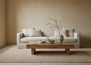 Wabi-Sabi Woonkamer Met Kalkmuren, Linnen Zetel En Eiken Salontafel