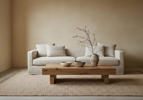 Wabi-Sabi Woonkamer Met Kalkmuren, Linnen Zetel En Eiken Salontafel
