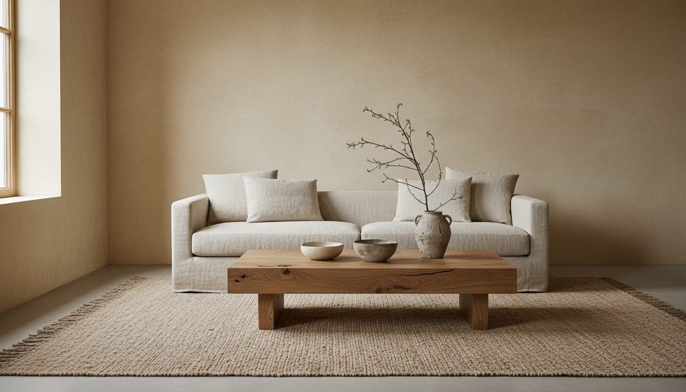 Wabi-Sabi Woonkamer Met Kalkmuren, Linnen Zetel En Eiken Salontafel