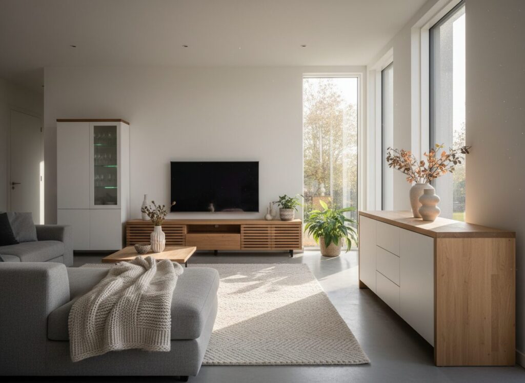 Wit Dressoir Met Eiken Blad, Witte Kast En Laag Eiken Tv-Meubel Wit Dressoir Met Eiken Blad, Witte Kast En Laag Eiken Tv-Meubel