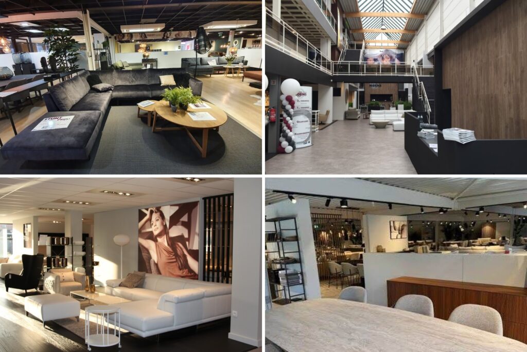 Woonwinkel Meubelen Moens Londerzeel: Toonzaal Woonwinkel Meubelen Moens In Londerzeel: Authentix-Salonhoek, Inkomhal, Lederen Hoeksalon En Travertijnen Eettafel In De Toonzaal