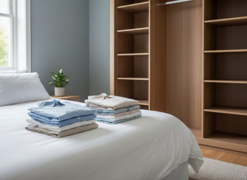 Zomerkleding Gesorteerd In Drie Stapels Op Bed Naast Een Lege Kleerkast Zomerkleding Gesorteerd In Drie Stapels Op Bed Naast Een Lege Kleerkast
